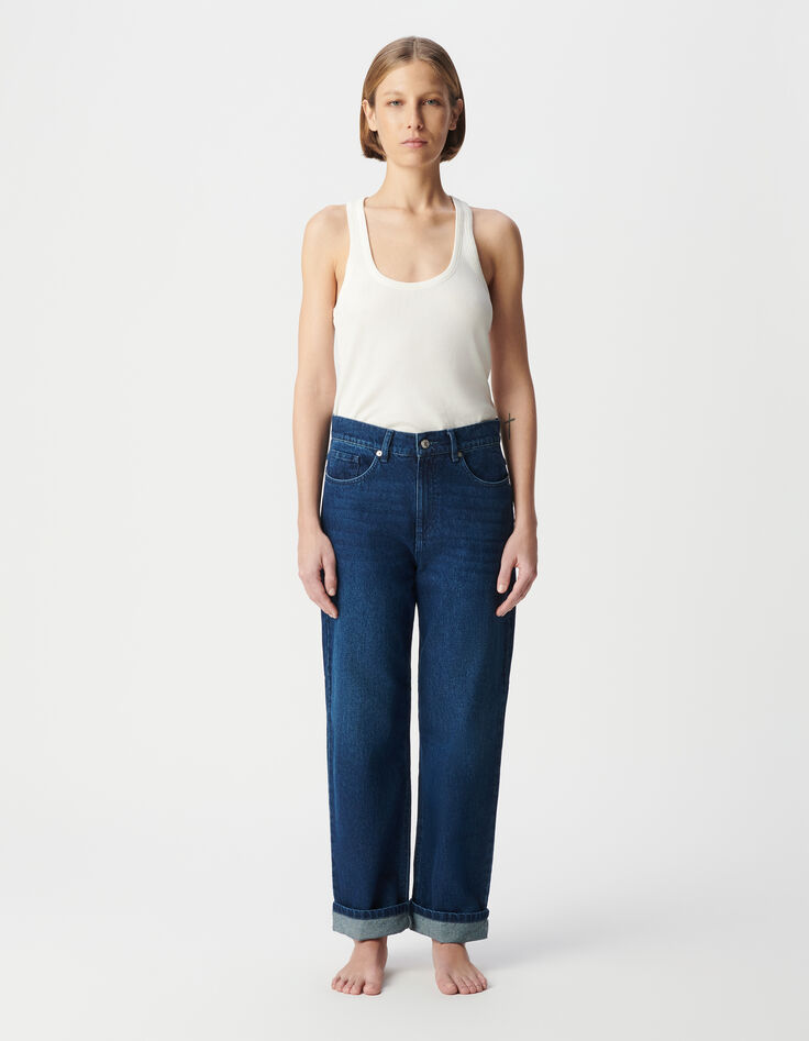 Damesblauwe boyfriendjeans met bijsnijding-2