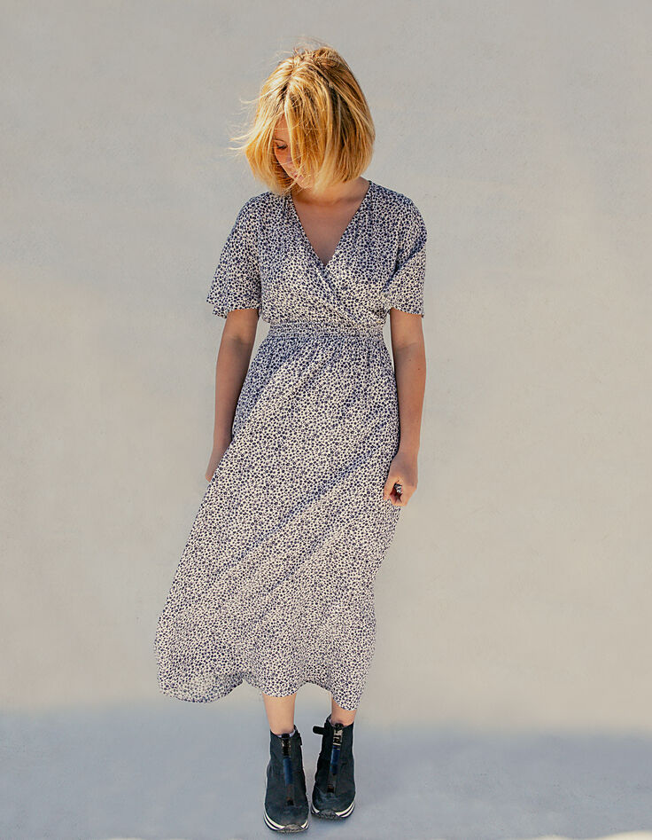 Robe longue &eacute;crue imprim&eacute; fleurs parme fille-1