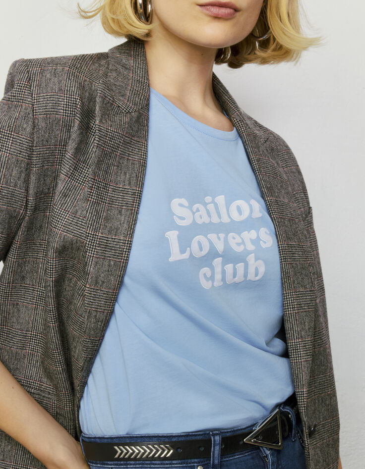 Tee-shirt en coton bleu marine motif message blanc femme-4