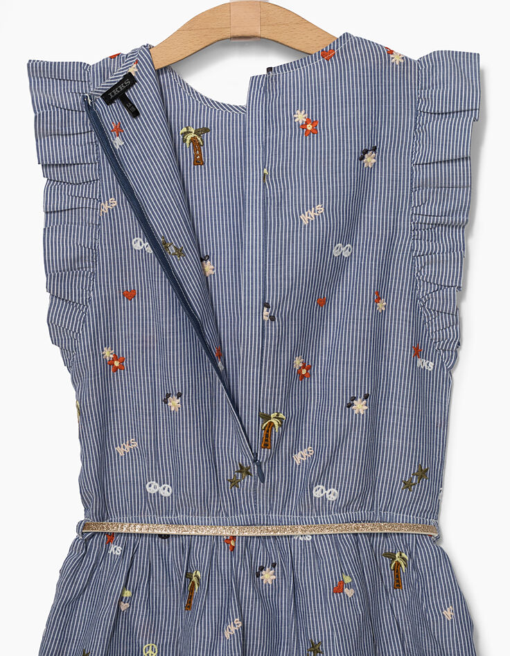 Robe bleu foncé à rayures et broderies fille-6