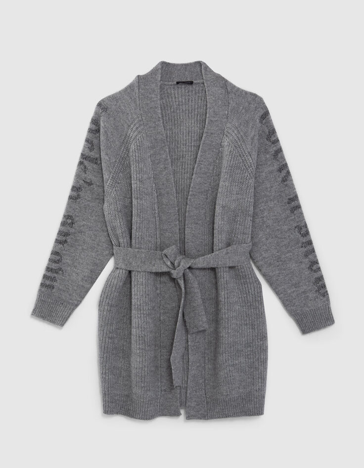 Grijs gebreid vest met ceintuur tekst mouwen Dames-6
