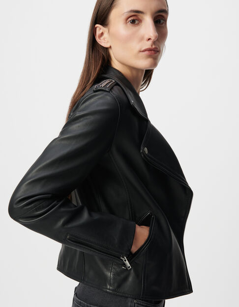 Zwart leren bikerjack met afneembare capuchon Dames - IKKS