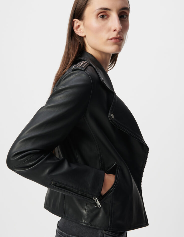 Blouson noir en cuir d'agneau à capuche amovible femme-4