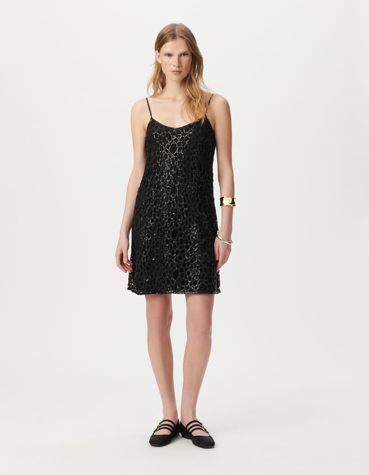 Robe courte noire dentelle brodée sequins Femme-1 Robe courte noire dentelle brodée sequins Femme-1