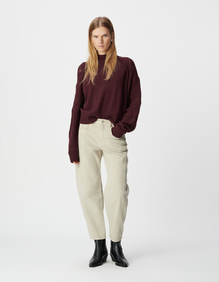 Pull bordeaux tricot manches ajourées Femme-1