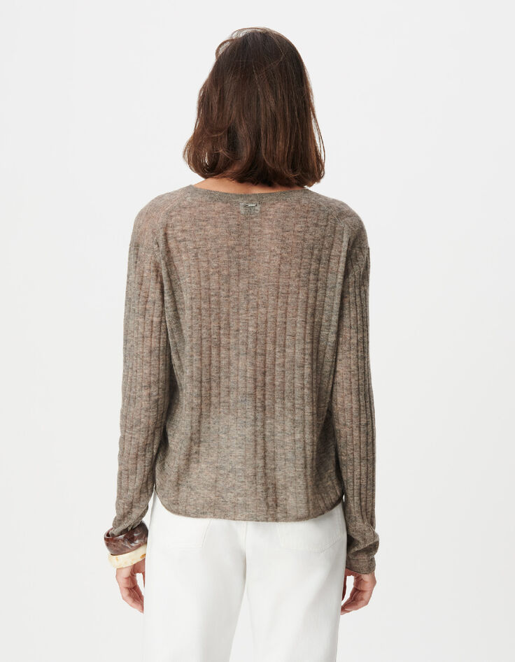 Pull manches longues beige tricot c&ocirc;tes plates Femme-3