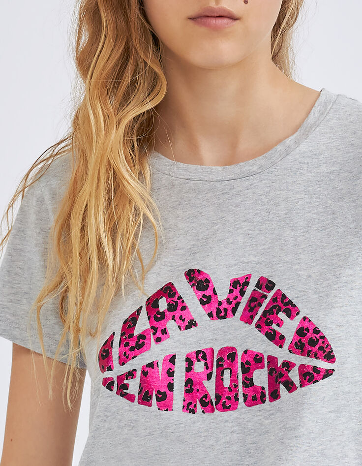 Graues Damen-T-Shirt mit Mundmotiv-3