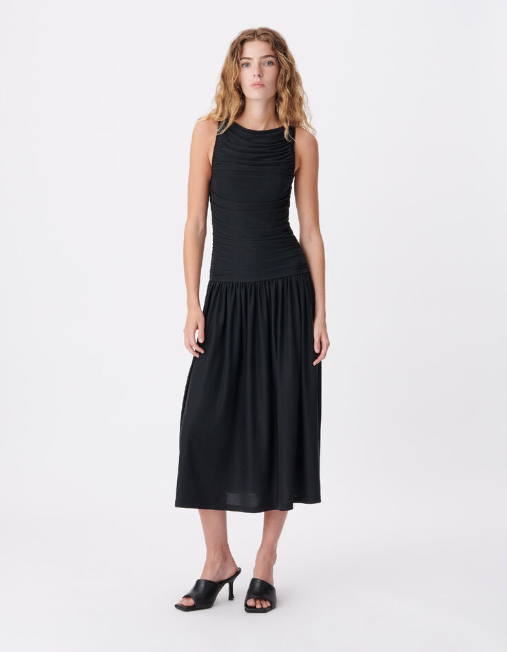 Women&rsquo;s flowing black dress with draped bodice-1