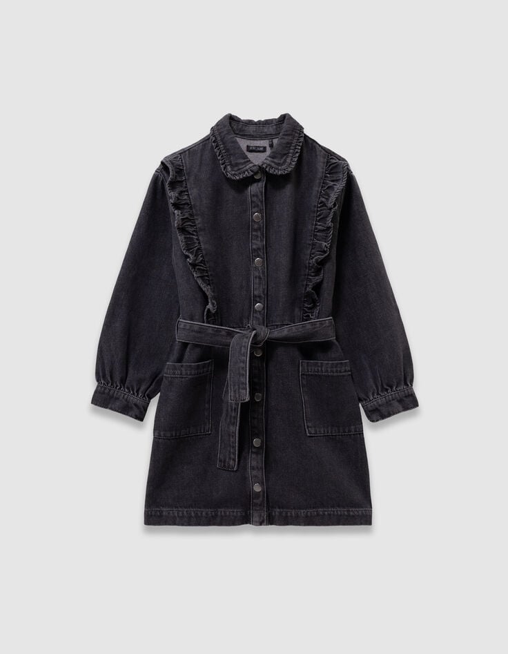 Robe en jean gris ceinturée détails volants fille-4