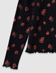 Schwarzes Mädchen-T-Shirt lange Ärmel gerippt Rosenprint-6