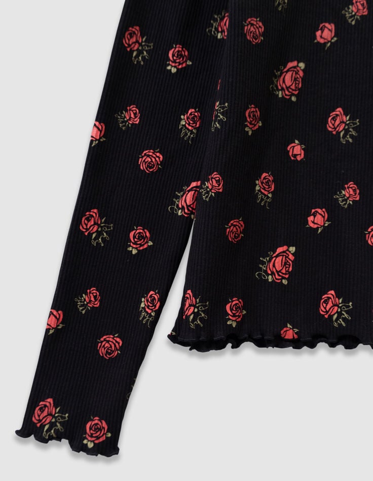 Schwarzes Mädchen-T-Shirt lange Ärmel gerippt Rosenprint-6 Schwarzes Mädchen-T-Shirt lange Ärmel gerippt Rosenprint-6