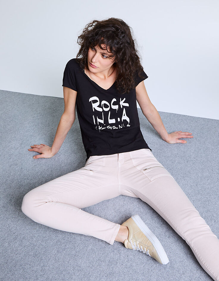 Jean slim rose, poches plaquées zippées femme-1