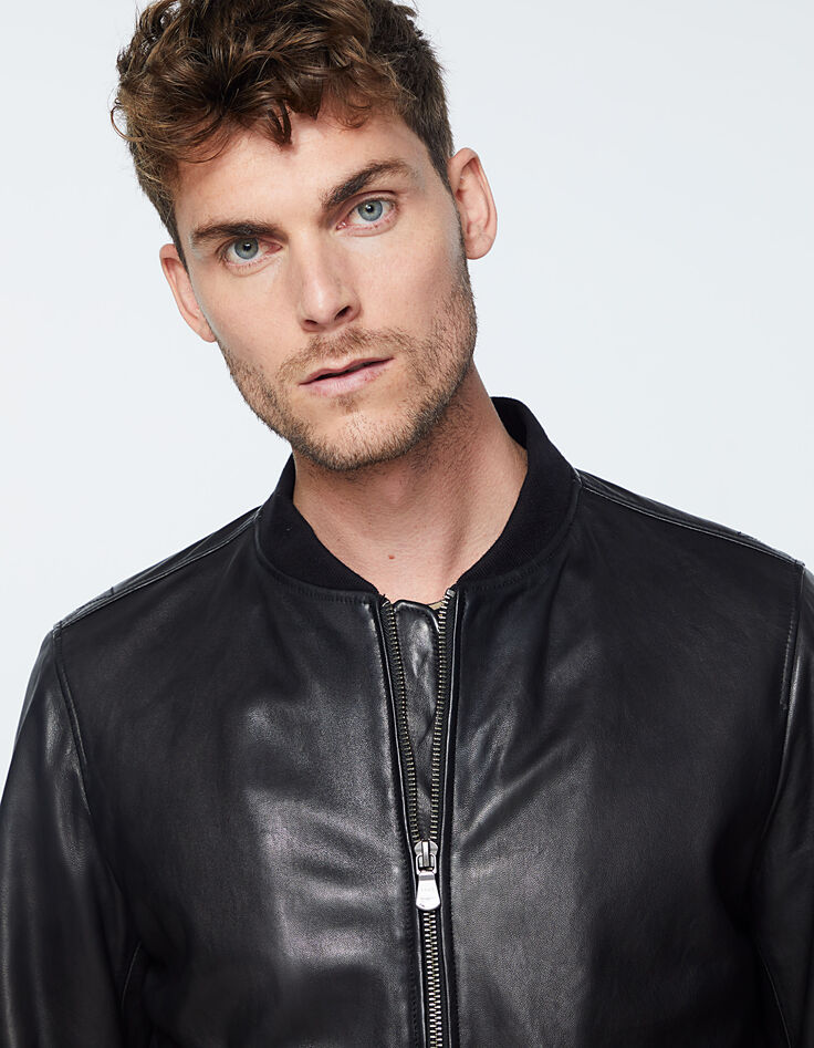 Men's black leather bomber jacket-4