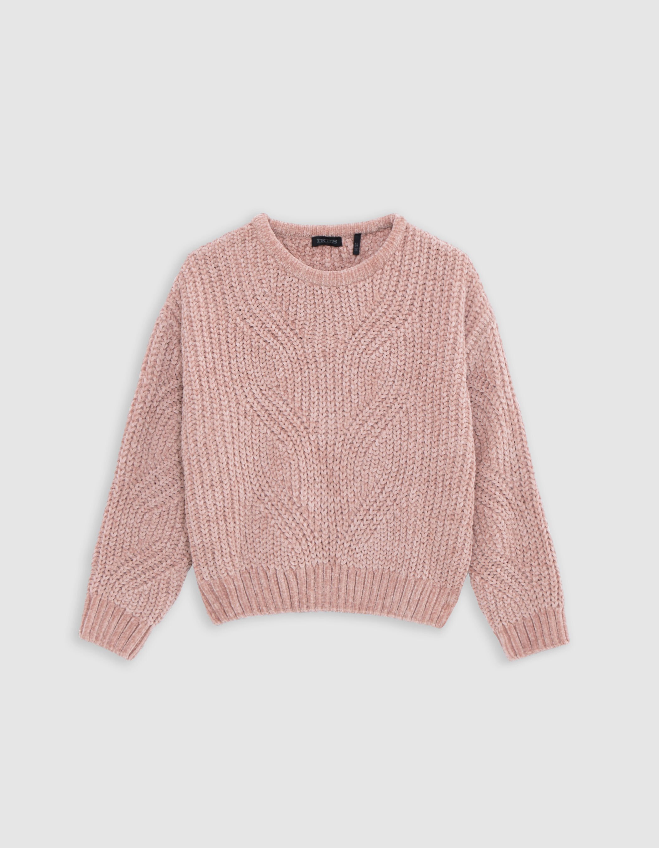Girl s pink knitted chenille fancy stitch sweater IKKS