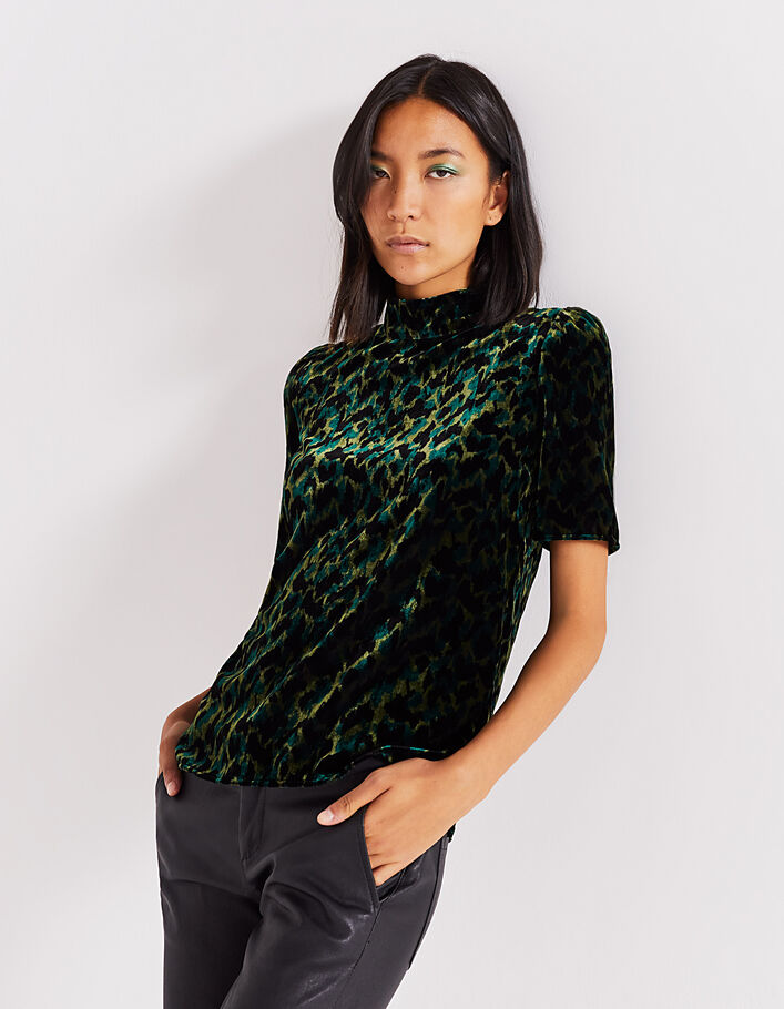 Women’s panther-print velvet short-sleeved top-1