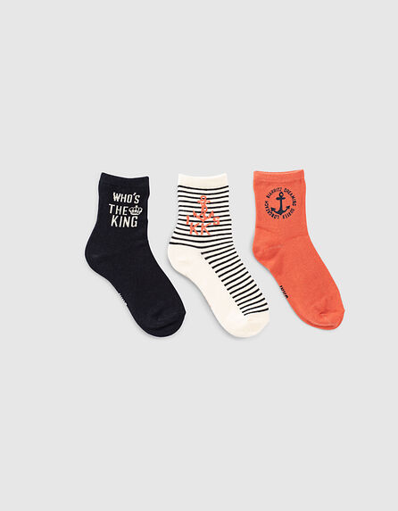 Boys’ navy, white striped and coral socks 