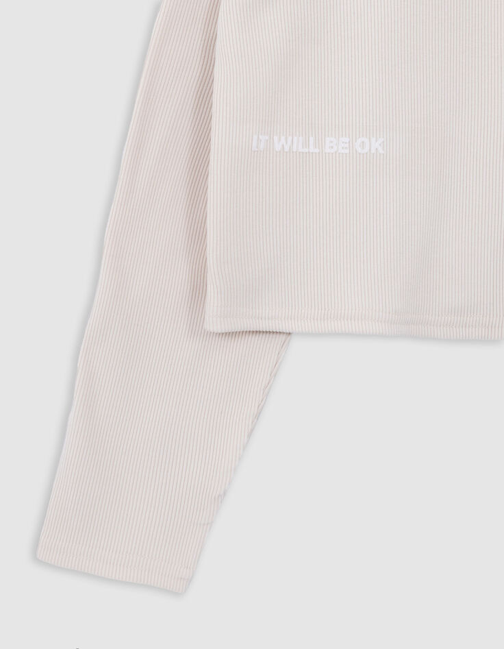 Beigefarbenes Mädchen-T-Shirt mit Kapuze aus Rippstrick-6