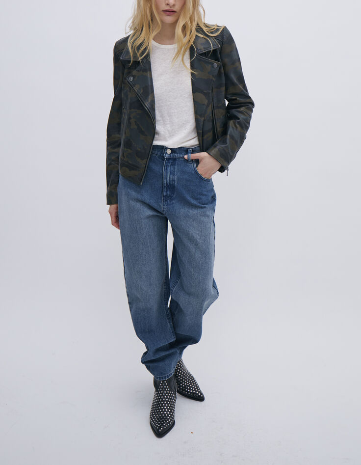 Veste esprit motard cuir kaki motif camouflage Femme-4