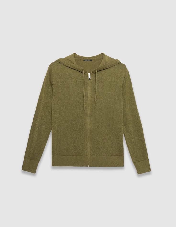 Khaki Damenstrickjacke Kapuze Lurex Fischgräten hinten-5 Khaki Damenstrickjacke Kapuze Lurex Fischgräten hinten-5