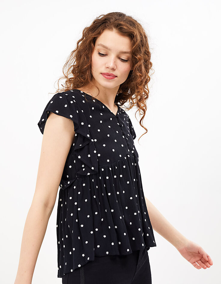 Top negro con volantes y bordados blancos I.Code-5