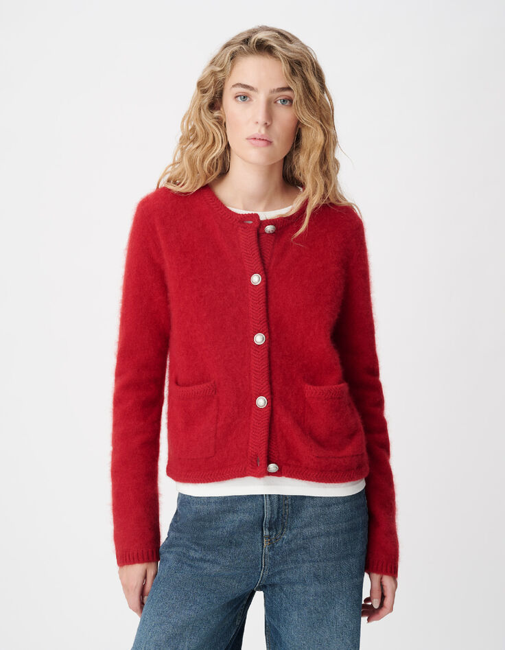 Cardigan rouge tricot mousseux 100% laine Femme-1