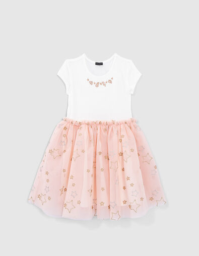 Girls’ two-tone mixed fabric dress with embroidered tulle - IKKS