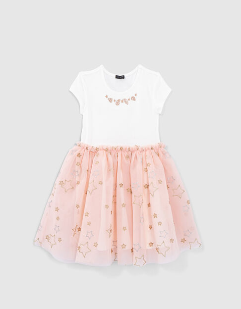 Girls’ two-tone mixed fabric dress with embroidered tulle - IKKS
