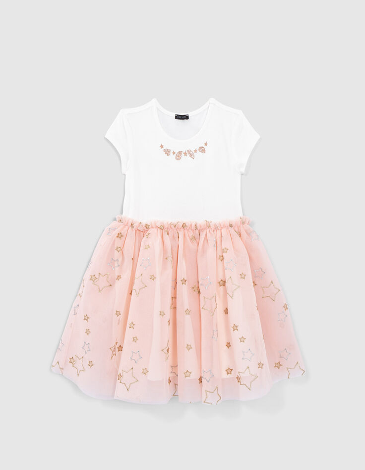 Girls’ two-tone mixed fabric dress with embroidered tulle-1
