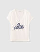 Tee-shirt col V en lin blanc cassé message flocage velours femme-1