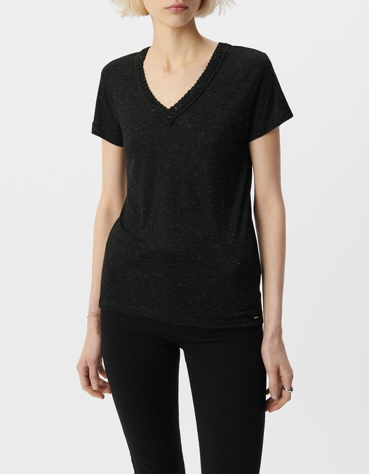 Tee-shirt noir lurex r&eacute;versible tressage encolure V Femme-2