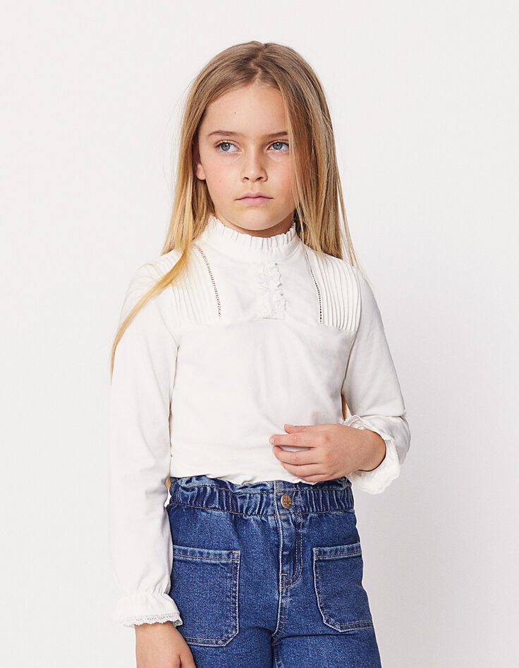 Gebroken wit T-shirt met plooien en kant voor meisjes-1