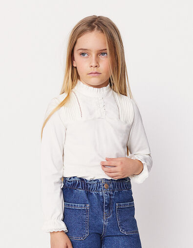 Girls' off-white T-shirt with pleats and lace - IKKS