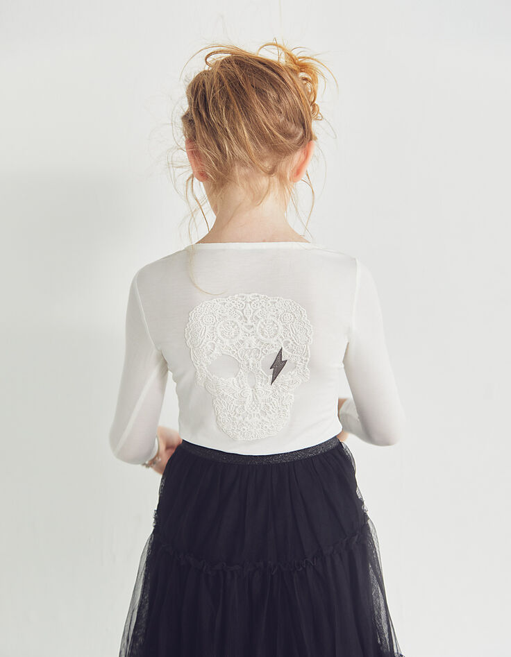 Girls’ off-white button-neck T-shirt with skull on back-1 Girls’ off-white button-neck T-shirt with skull on back-1
