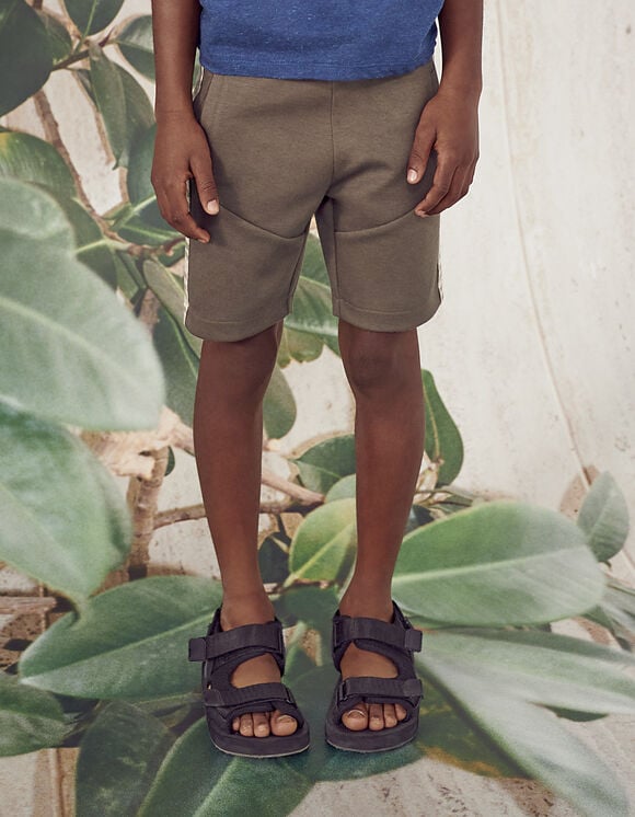 Jungen-Bermudas aus Molleton mit Typoprint, dunkles Khaki 