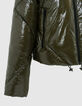 Doudoune courte kaki effet vinyle avec capuche femme-4