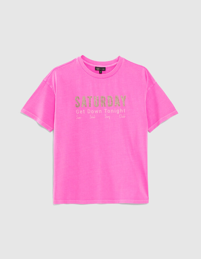 Neonrosa Mädchen-T-Shirt mit Glitzerschriftzug - IKKS