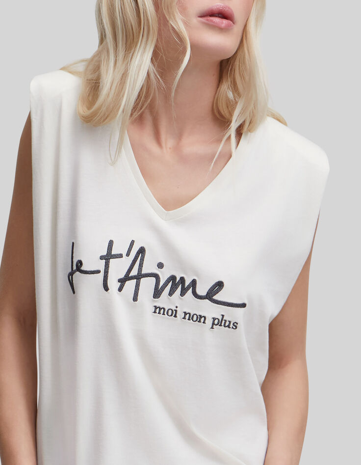 Cremewei&szlig;es Damen-T-Shirt mit gesticktem Schriftzug-4