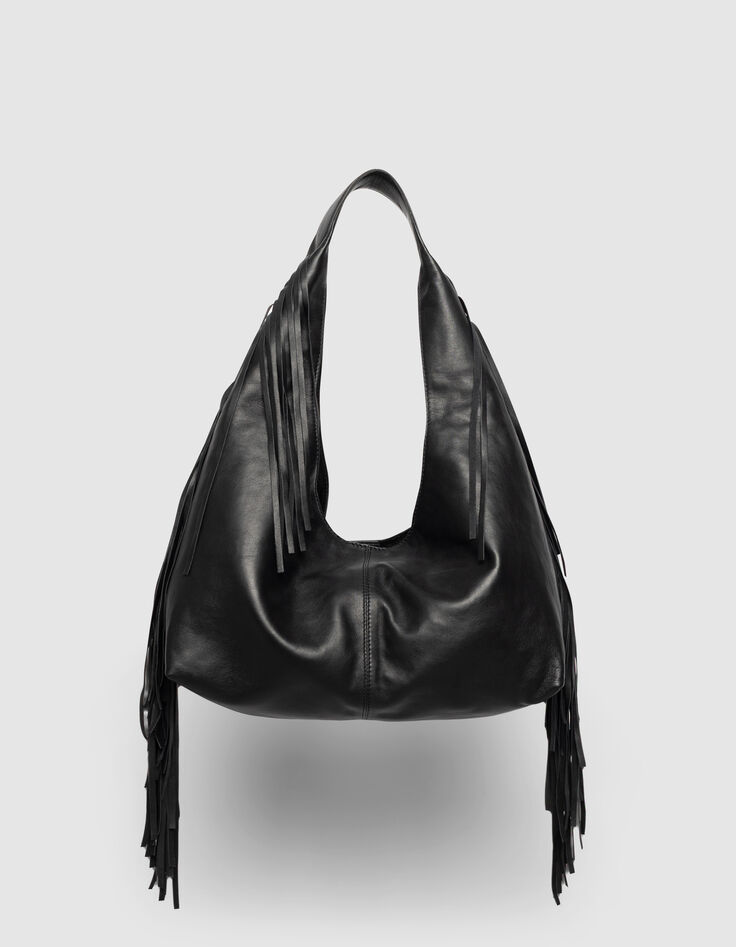 Schwarze Damenhobo-Tasche weiches Leder mit Fransen-3