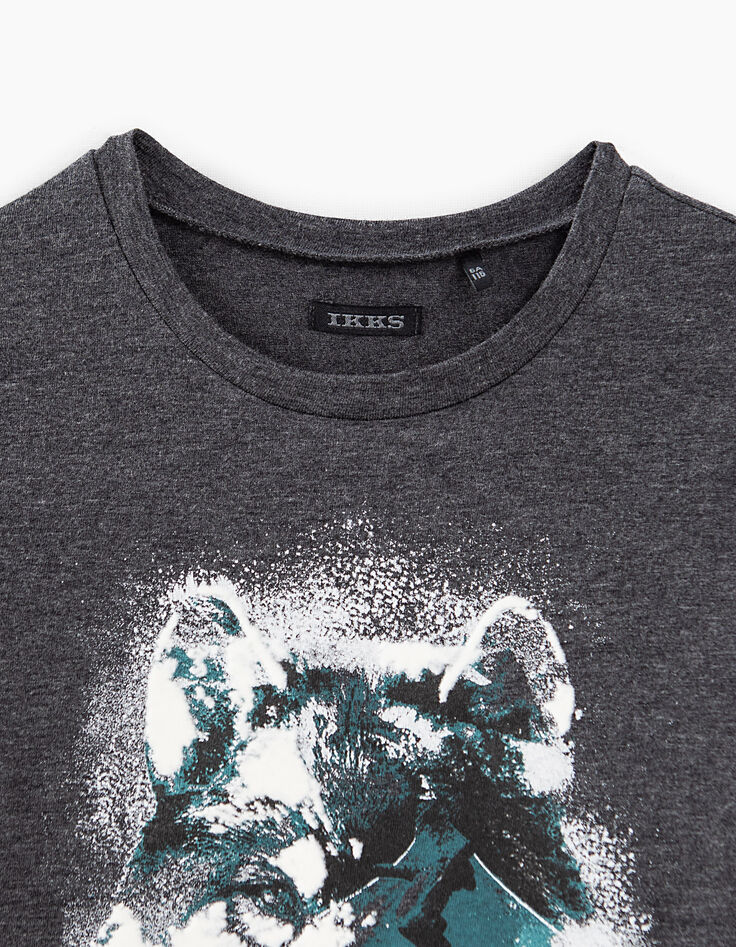 Tee-shirt gris chiné anthracite à tête de loup garçon-3