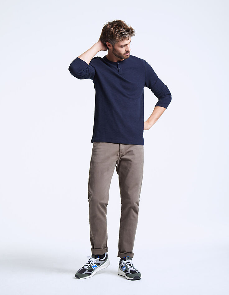 Men's navy, waffle weave, button-neck T-shirt -6