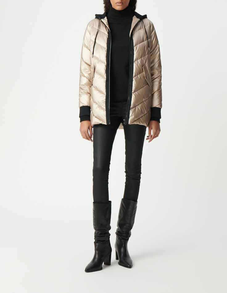 Women's gold padded jacket with black fleece hood-1