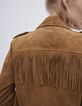 Veste en cuir velours camel esprit motard à franges Femme-5