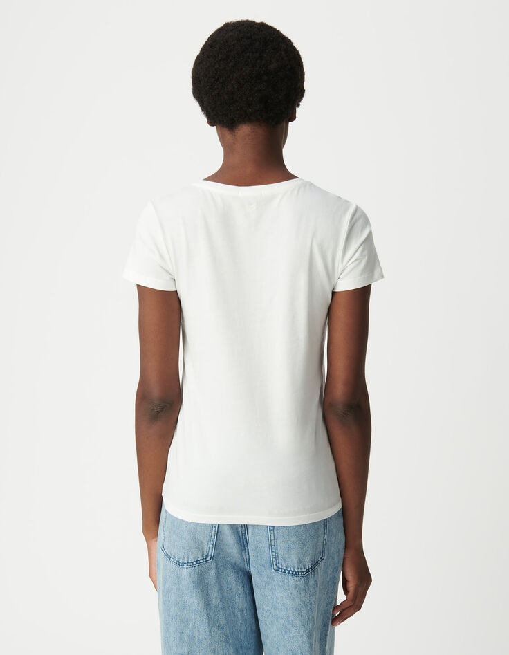 Damen-T-Shirt écru V-Ausschnitt Stickerei Fischgrätenmuster Rücken-3