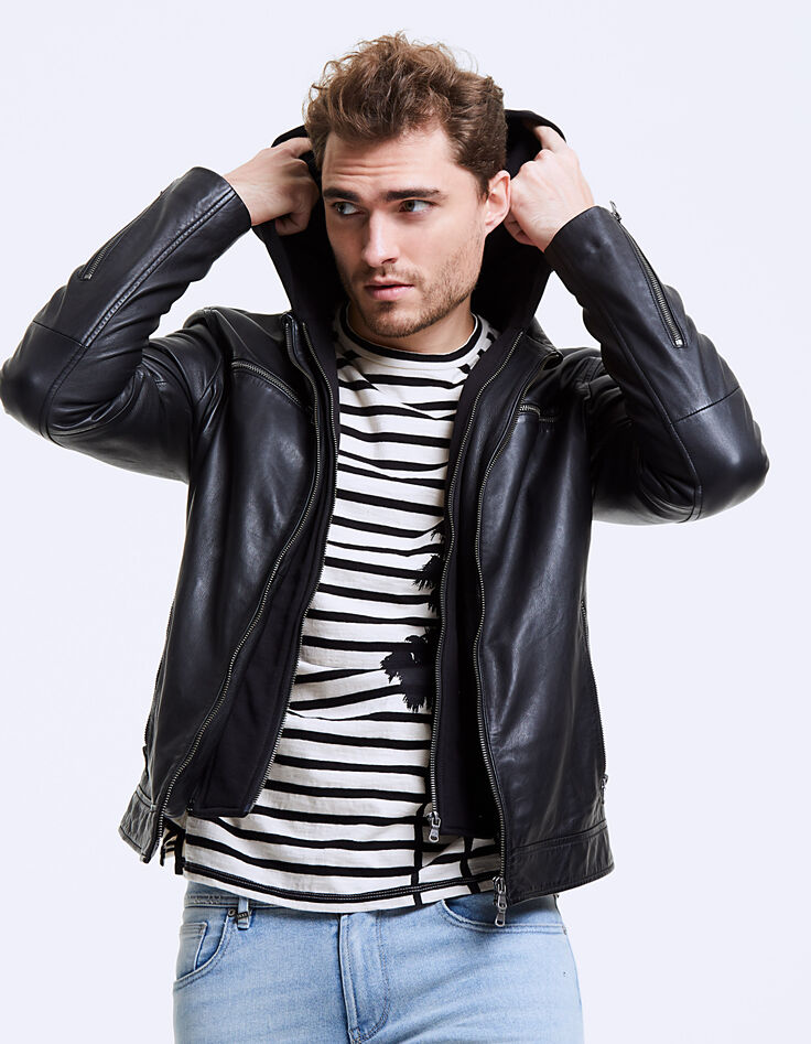 Blouson en cuir noir à capuche Homme-2