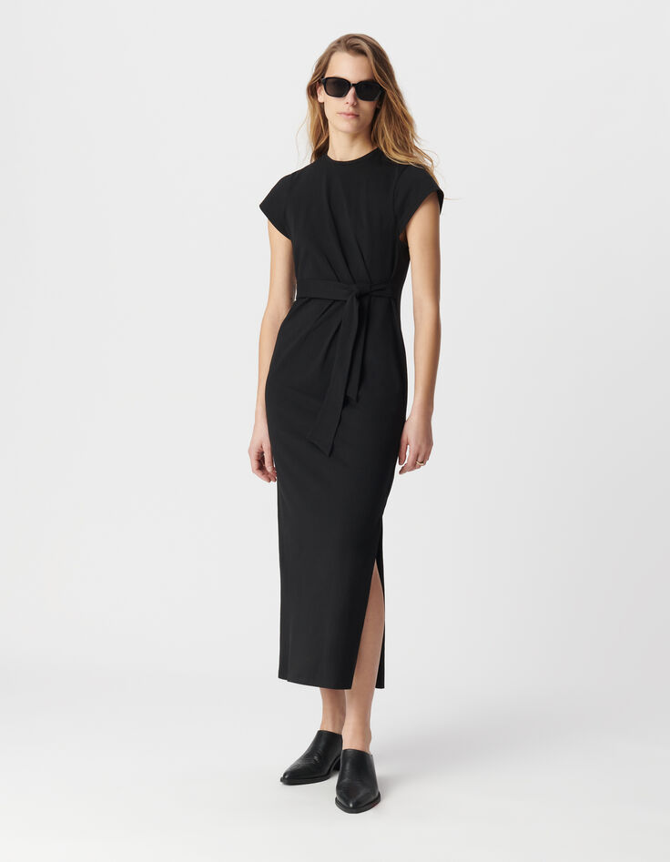 Vestido midi negro con lazo lateral Mujer-1