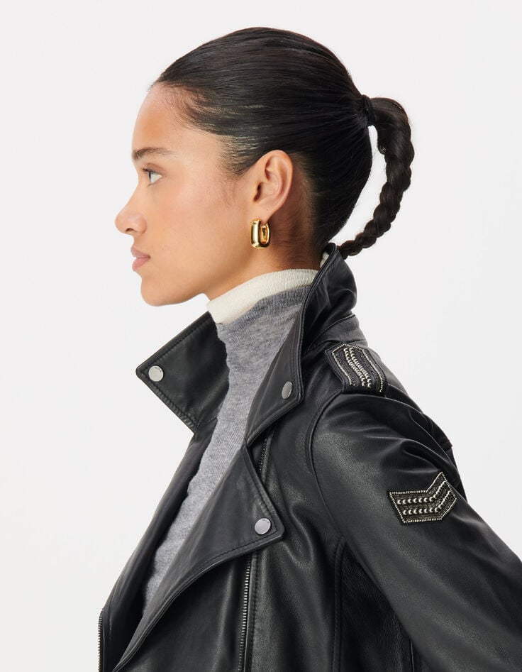 Women's black leather biker jacket with detachable hood-5