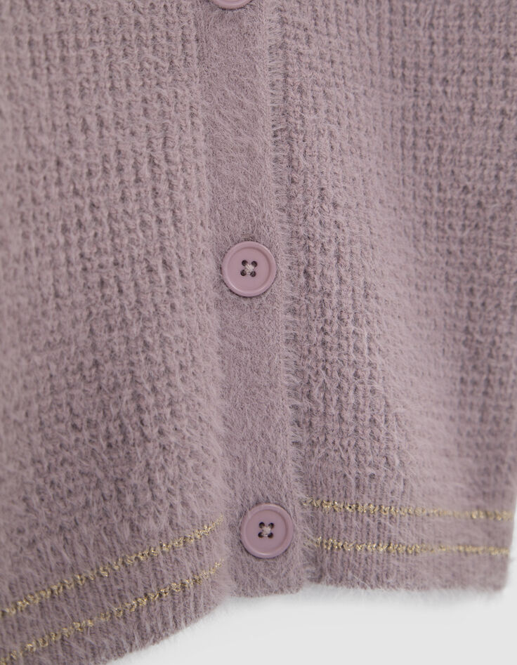 Fliederfarbene Mädchenstrickjacke mit Fantasiestrickmuster-5