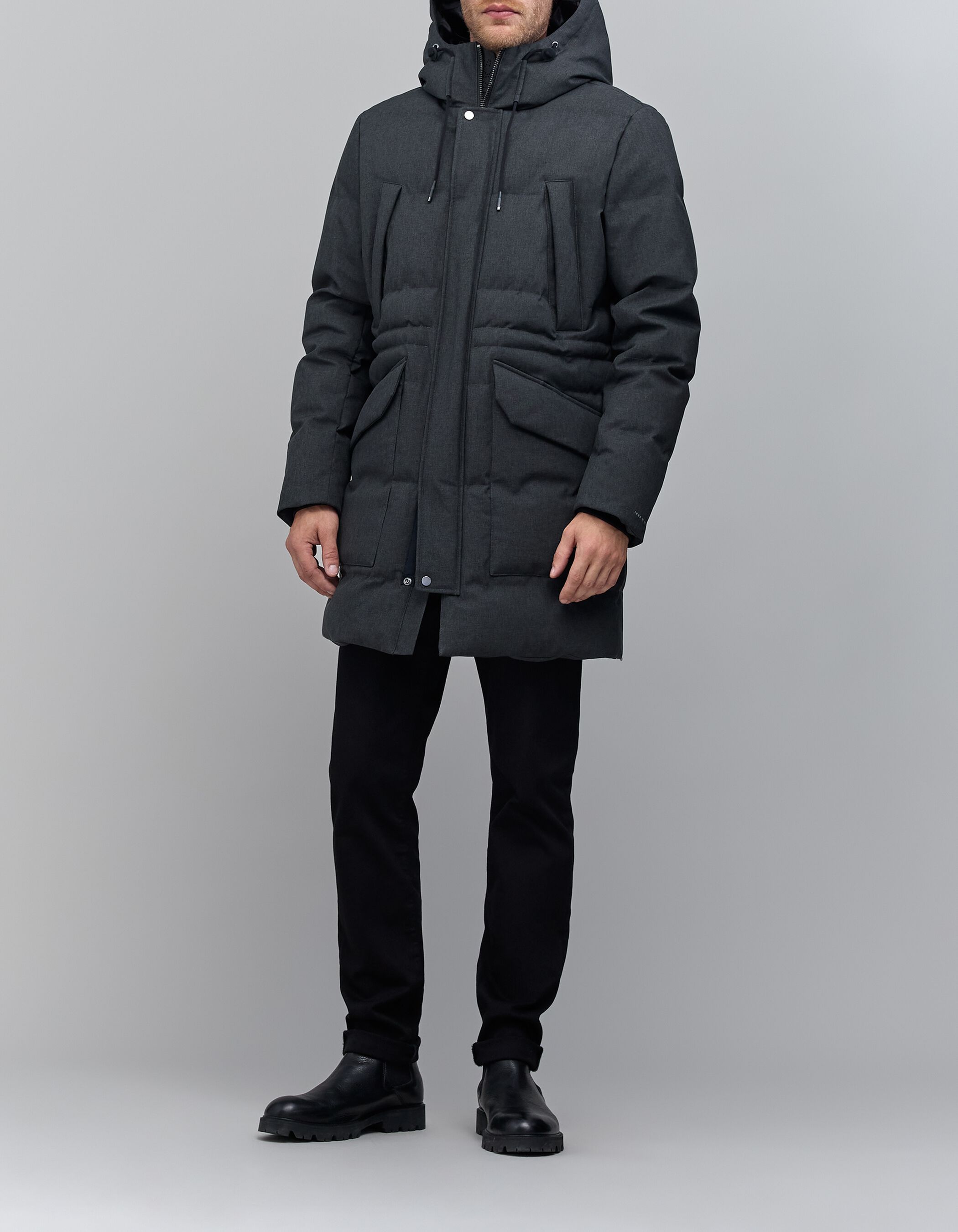 Y’s polyester drape over hood long coat LINEN/WOOL RAISED HERRINGBONE LONG COAT WITH HOODIE – THE