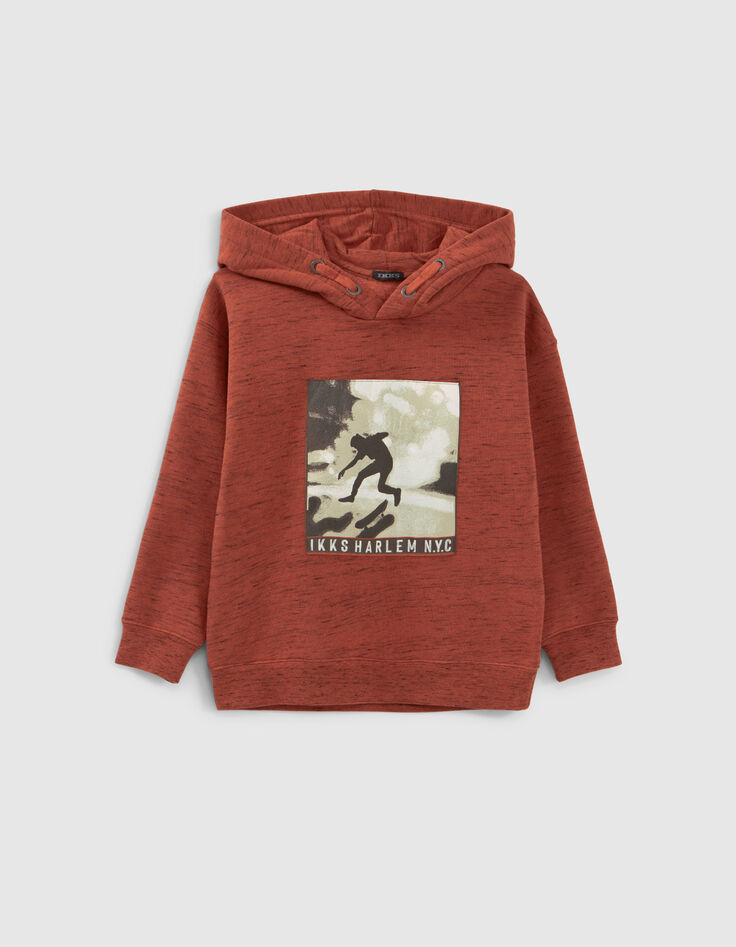 Boys’ dark red marl hoodie with skateboarder image-1