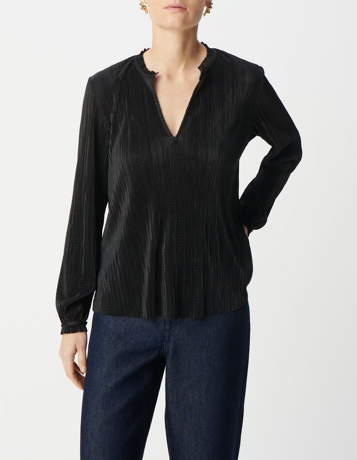 Women's black pleated collared blouse-2 Women's black pleated collared blouse-2
